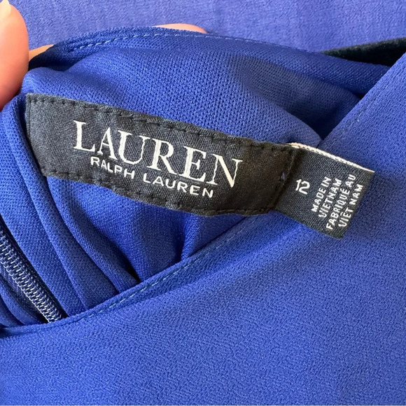 Ralph Lauren Black Label Chiffon Cape-Overlay mesh Jersey Dress sz 12 Large blue - Picture 5 of 15